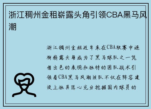 浙江稠州金租崭露头角引领CBA黑马风潮